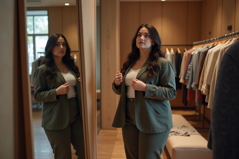 Femme ronde en boutique ajustant sa veste dans un dressing cosy