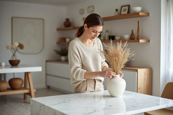 Femme en tenue neutre arrangeant des fleurs séchées sur un îlot de cuisine