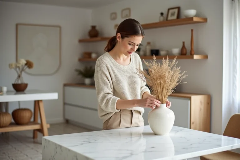 Femme en tenue neutre arrangeant des fleurs séchées sur un îlot de cuisine