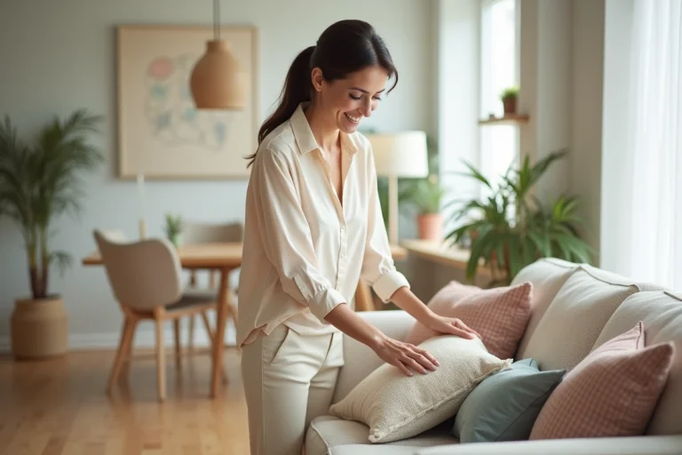 Femme souriante dans un salon moderne et lumineux
