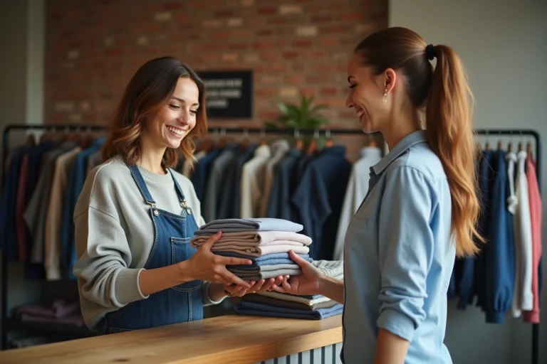 Femme souriante échange des vêtements dans une boutique de seconde main