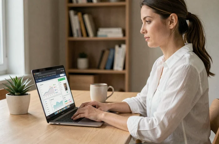 Femme entrepreneur travaillant sur son business en ligne depuis un bureau minimaliste moderne