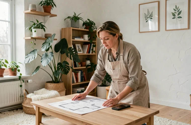 Femme consultant un guide de décoration intérieure dans un salon scandinave avec plantes et étagères en bois