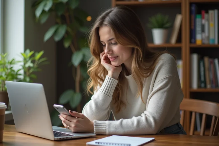 Femme en détente dans un bureau à domicile avec smartphone