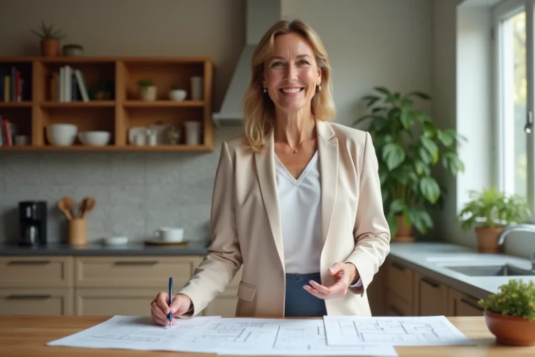 Femme d'âge moyen en blazer dans une cuisine moderne avec plans immobiliers