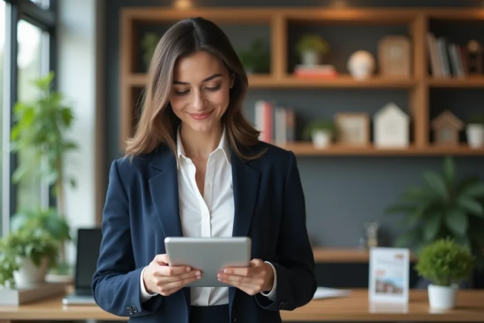 Femme professionnelle en immobilier avec tablette dans agence