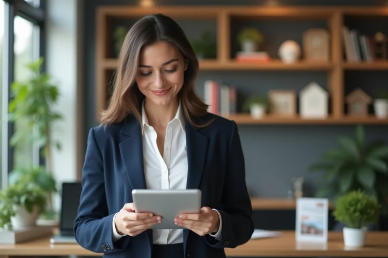 Femme professionnelle en immobilier avec tablette dans agence