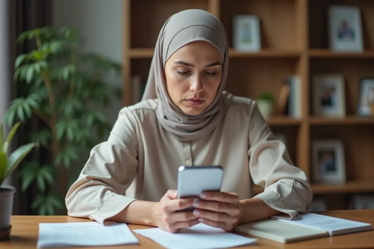 Femme modeste anxieuse avec reçu et smartphone
