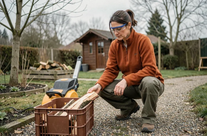 Une femme inspectant les copeaux produits par un broyeur de végétaux dans un jardin au printemps