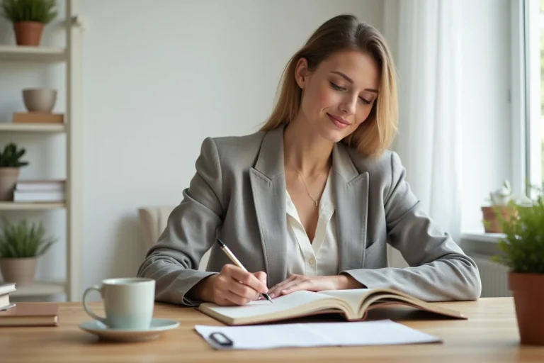 Femme écrivant dans un journal personnel à son bureau pour son développement personnel