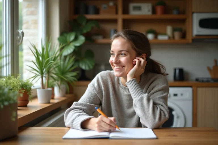 Femme souriante journalisant dans une cuisine chaleureuse