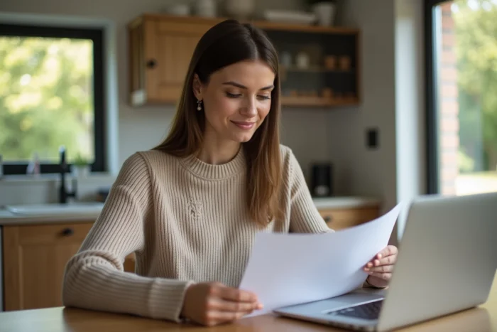 Femme lisant des documents de pret dans une cuisine moderne