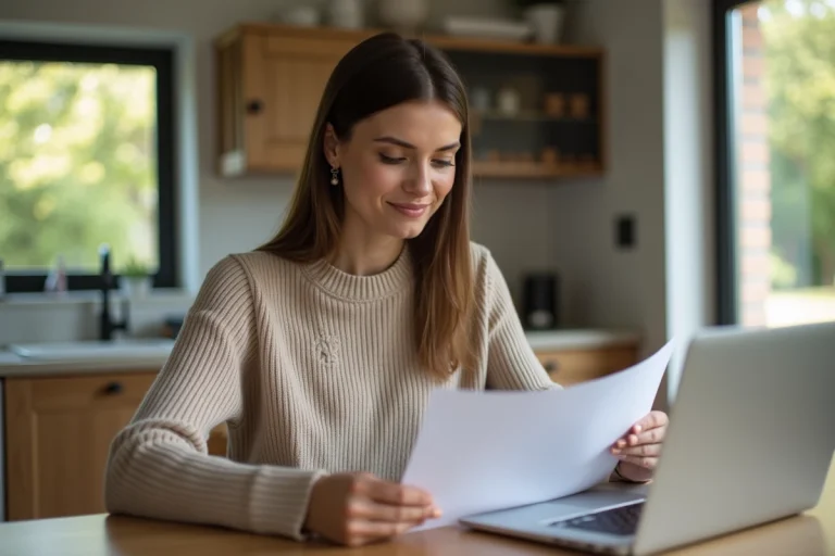 Femme lisant des documents de pret dans une cuisine moderne