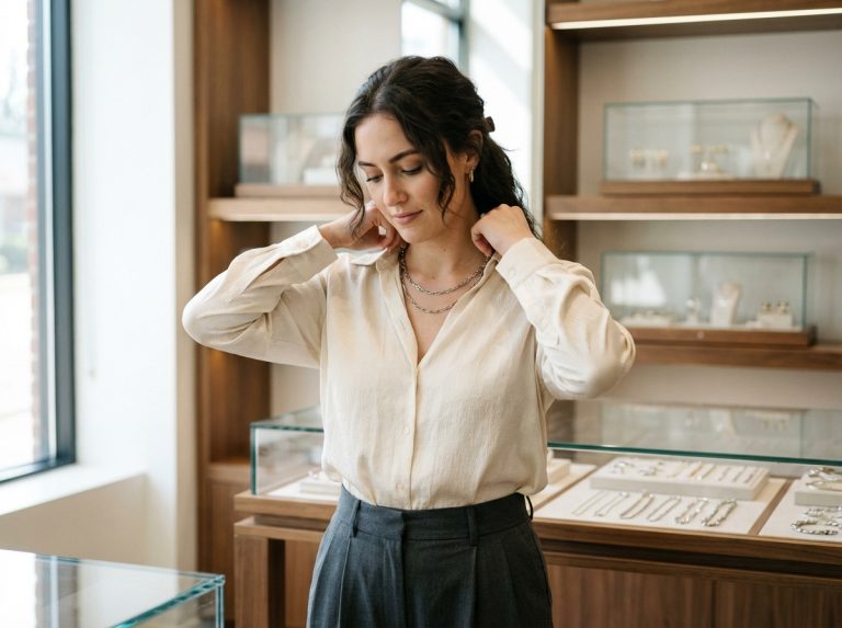 Femme portant un collier en acier dans une boutique moderne