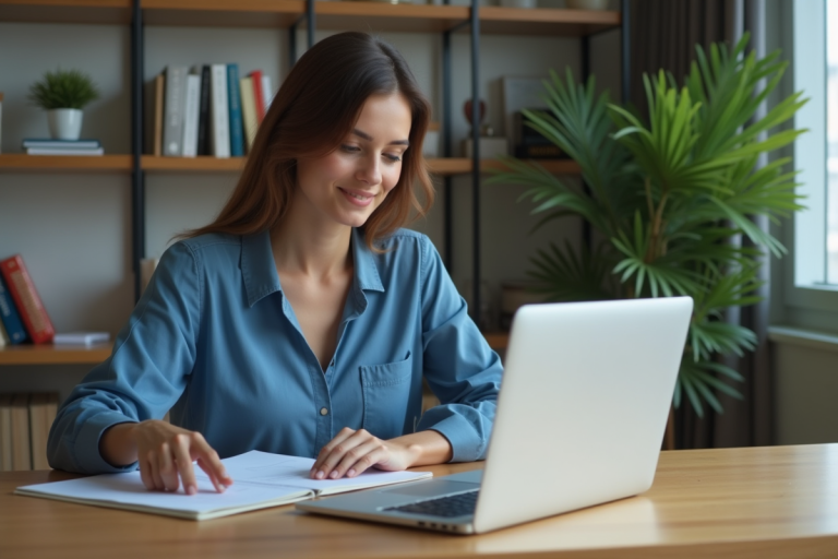 Femme organisée avec ordinateur dans un salon moderne