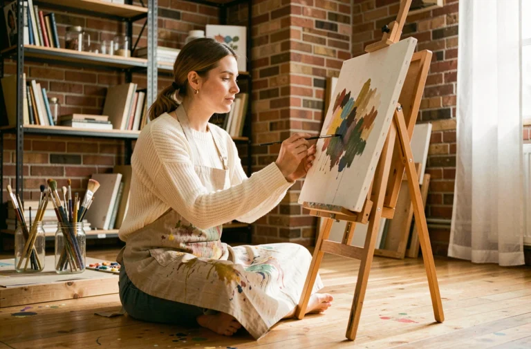 Femme peignant sur une toile dans un atelier créatif cosy, idée de loisir artistique à la maison