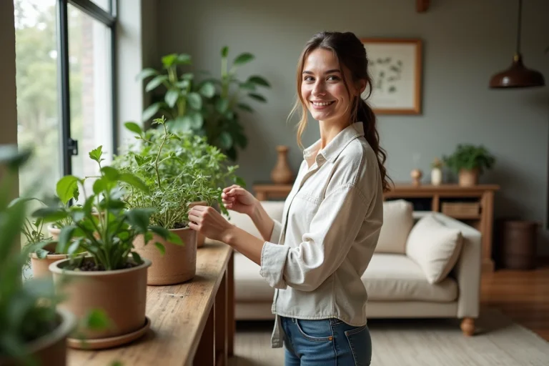 Femme arrangeant plantes dans un salon écologique