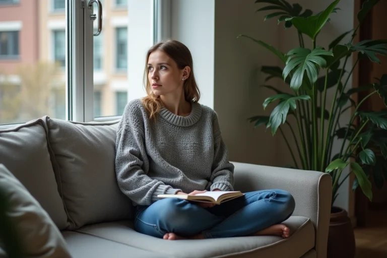 Femme pensive assise sur un canapé dans un salon cosy