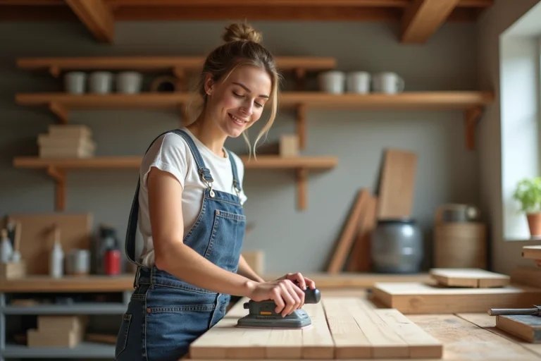 Femme souriante sablant un meuble en bois dans un atelier lumineux