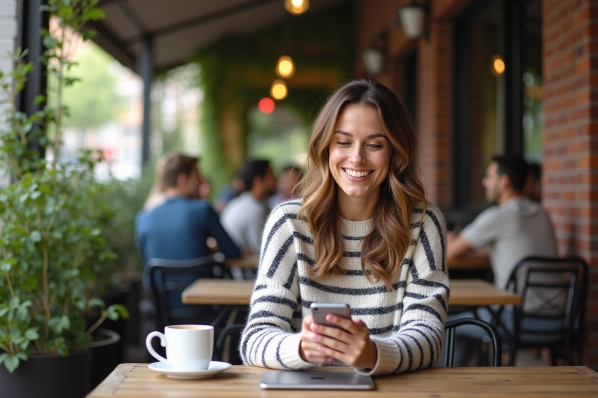 Femme souriante partageant un lien sur son smartphone au café