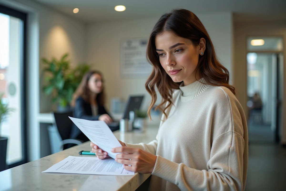 Jeune femme vérifiant un formulaire cerfa mandat 13757 au guichet administratif
