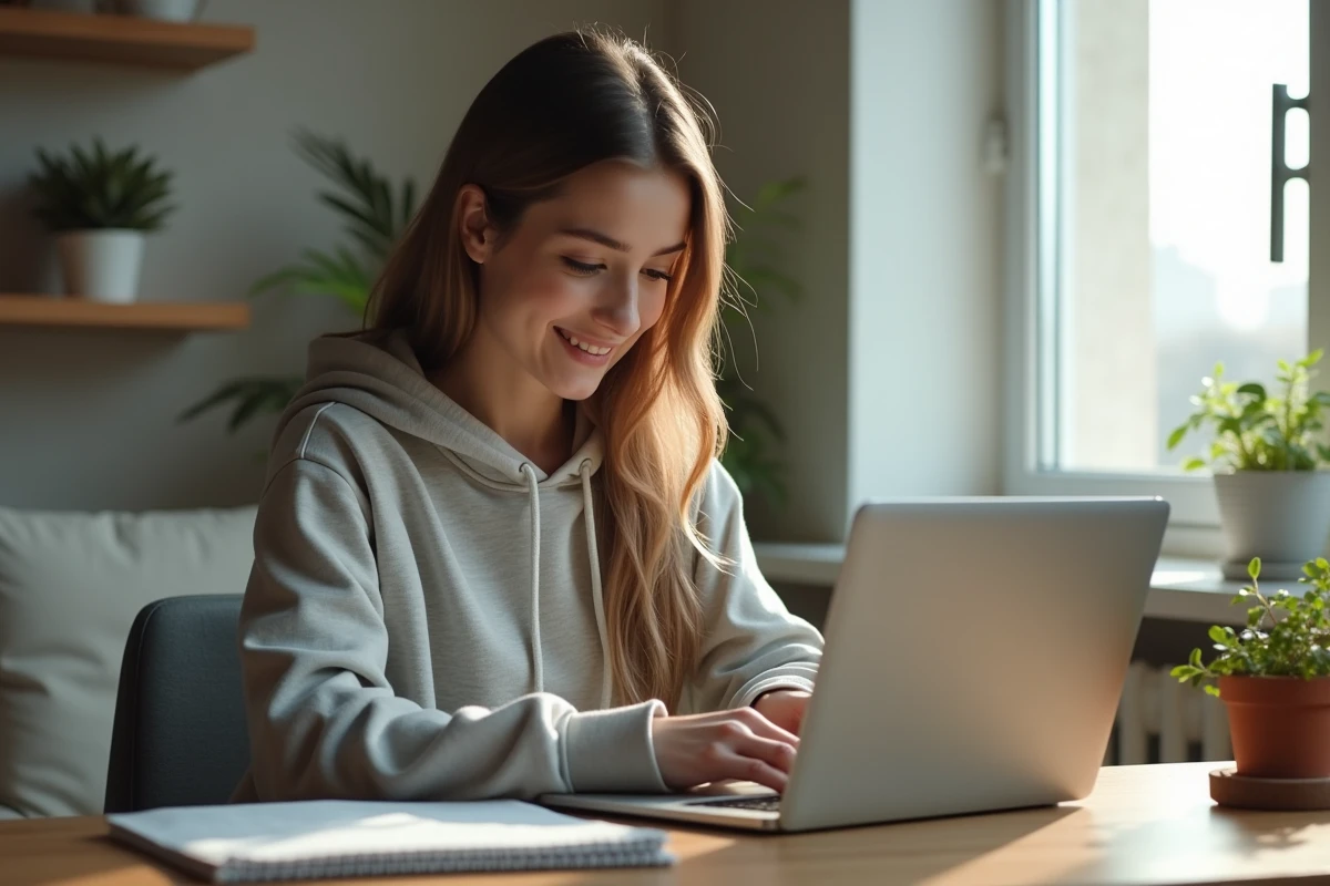 Femme comparant des étiquettes de hoodies à la maison