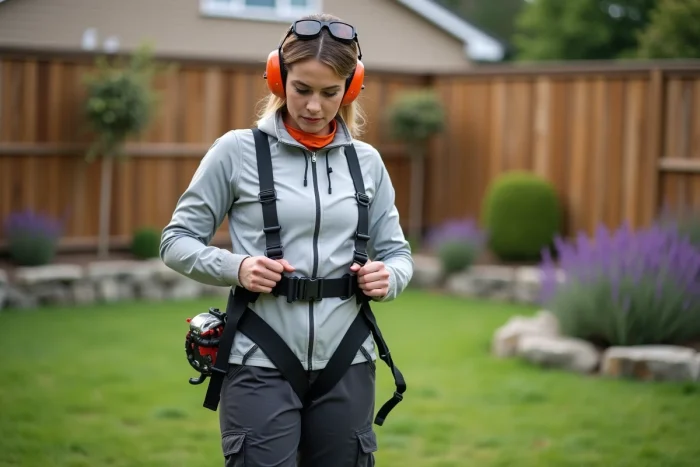 Femme vérifiant le harnais de sa débroussailleuse avant utilisation dans un jardin pavillonnaire