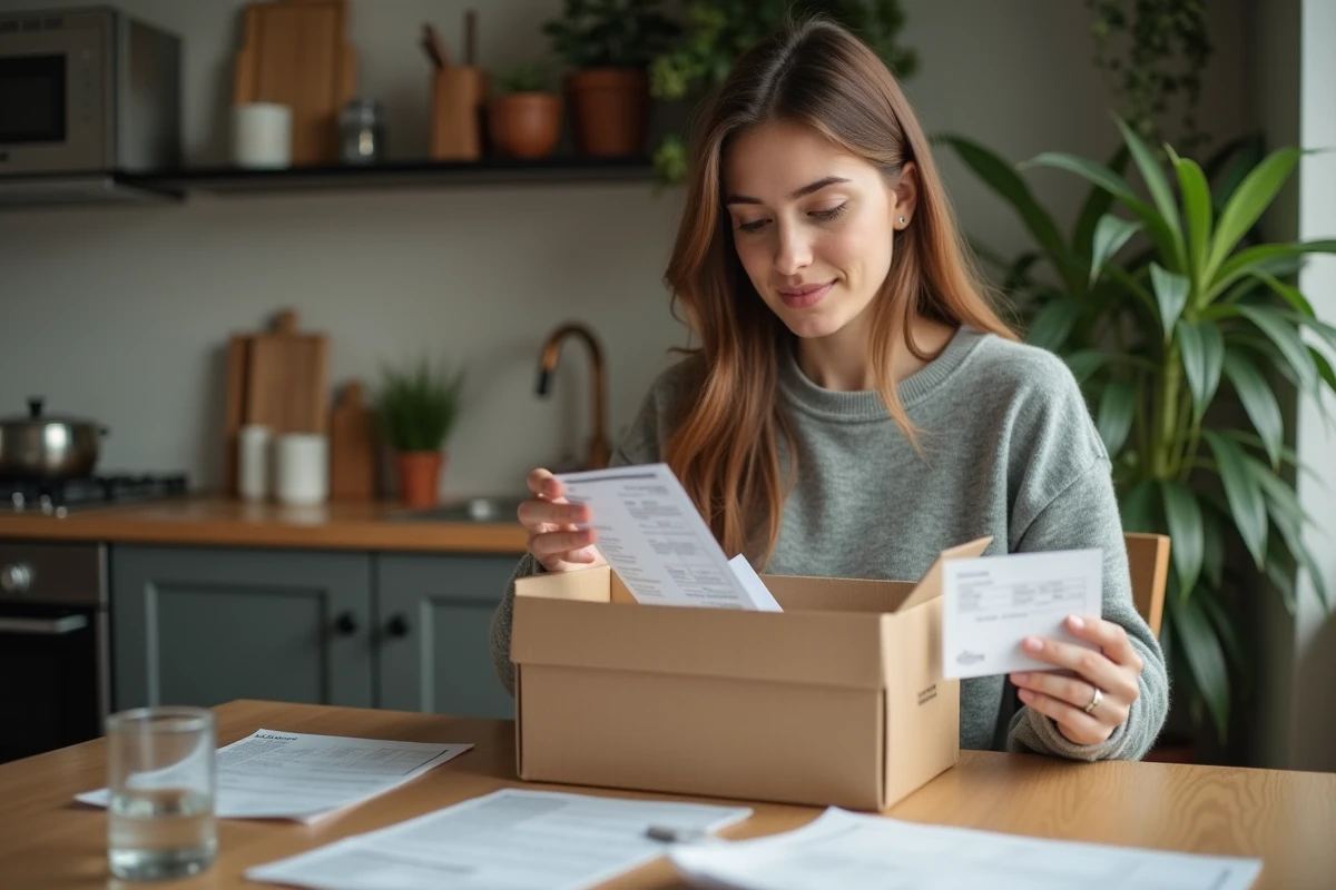 Femme vérifie un carton de chaussures à la maison