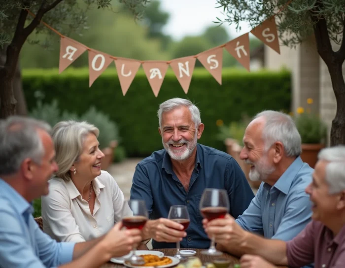 Groupe d'amis fêtant les 70 ans d'un homme en plein air avec une banderole anniversaire dans un jardin en pierre