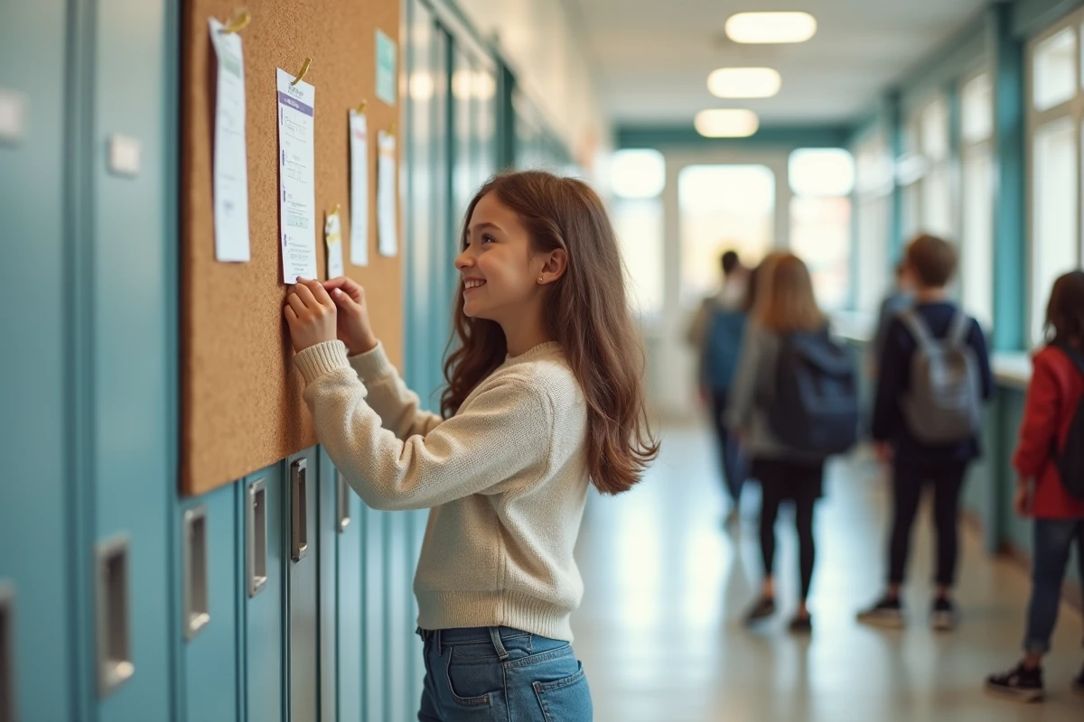 Fille française de 13 ans accrochant un tableau dans le couloir