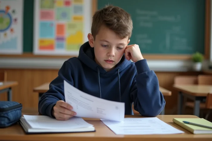 Garçon français de 12 ans en hoodie bleu assis à son bureau