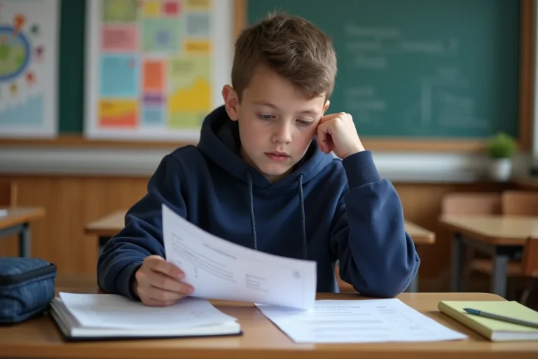 Garçon français de 12 ans en hoodie bleu assis à son bureau
