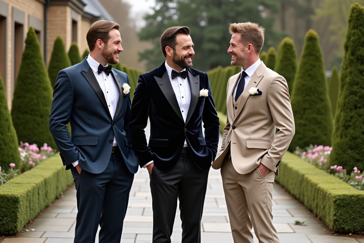 Trois hommes en costumes variés discutant dans un jardin en plein air
