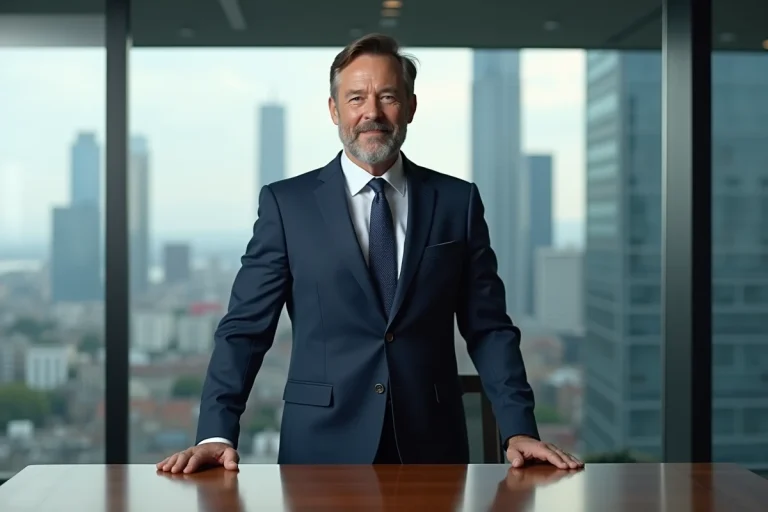 Homme d'affaires confiant en costume navy dans un bureau moderne