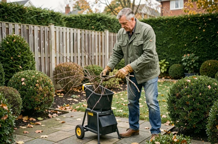 Un homme utilisant un broyeur de végétaux électrique dans son jardin en automne