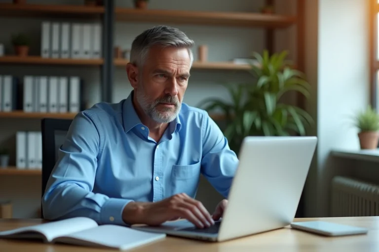 Homme d'âge moyen travaillant sur son ordinateur dans un bureau moderne
