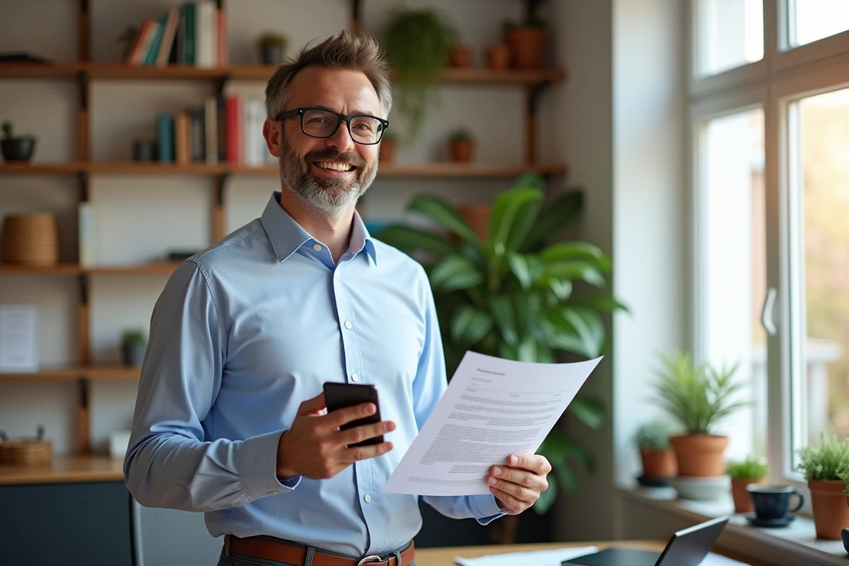 Homme souriant tenant un contrat de housesitting dans un bureau lumineux