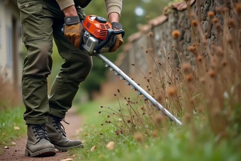 Homme utilisant une débroussailleuse thermique pour entretenir les bordures d'un jardin rural