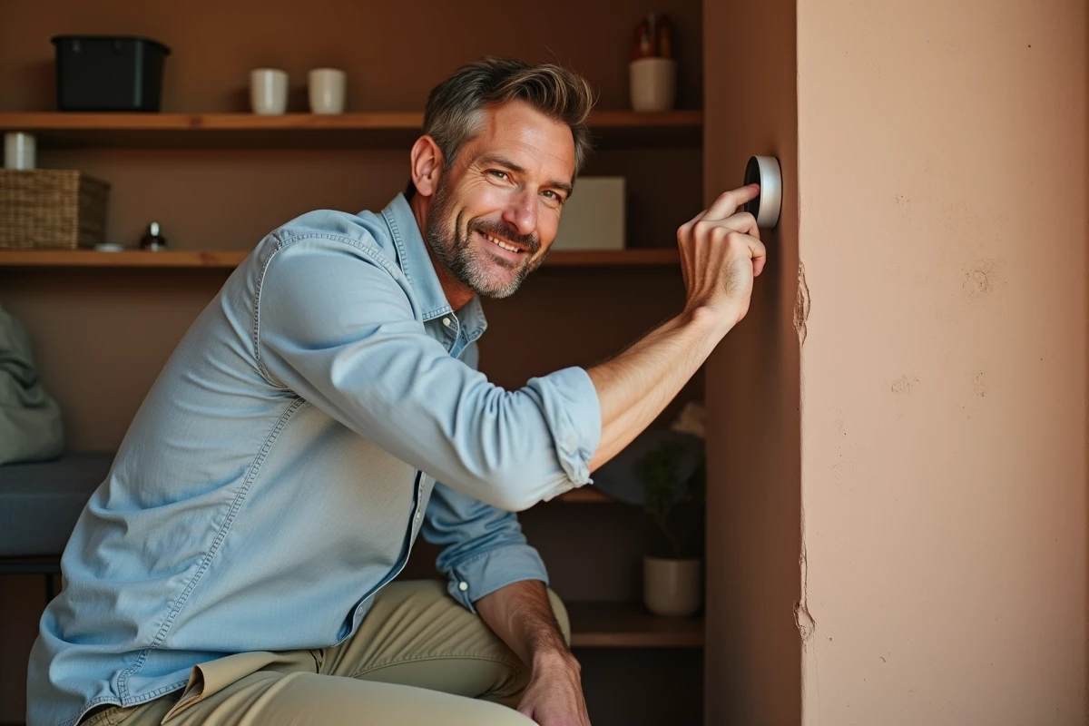 Homme posant un thermostat dans une maison durable