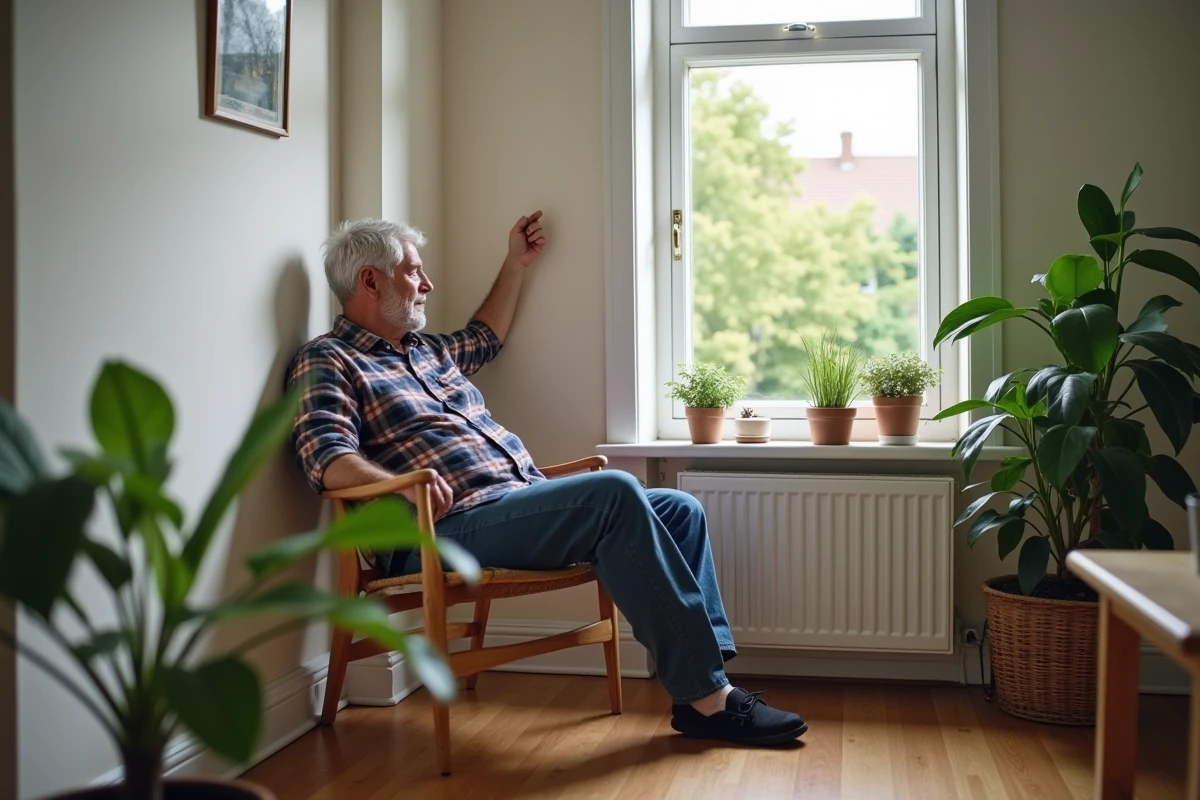 Homme retraité touchant un mur isolé dans sa maison
