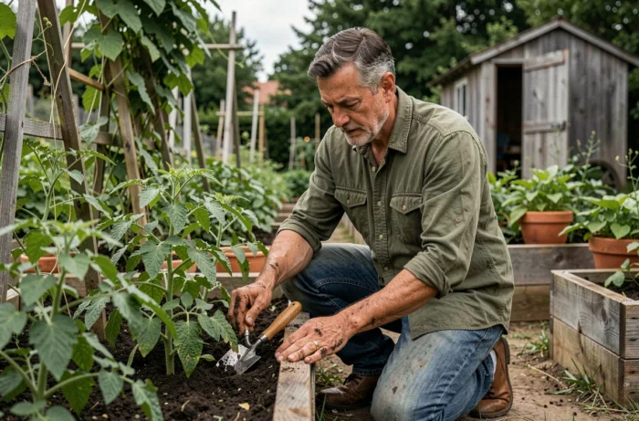 Homme jardinant dans un potager familial, activité de loisir en plein air dans le jardin