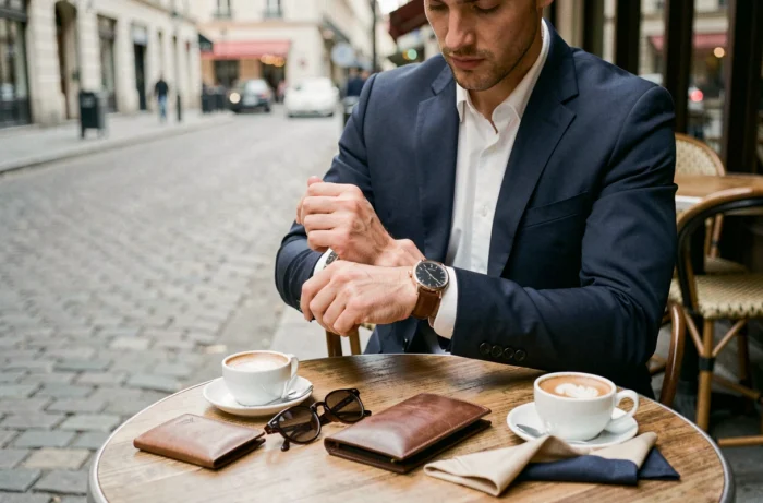 Homme élégant en costume marine ajustant une montre en cuir premium à une terrasse de café parisien avec accessoires posés sur la table
