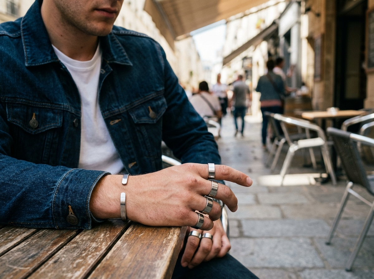 Homme avec bagues et bracelet en acier sur terrasse urbaine