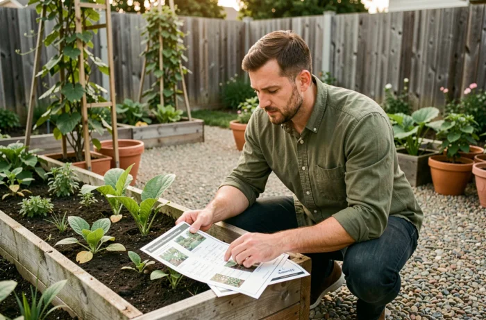 Homme planifiant l'aménagement de son potager avec un plan de jardinage dans un jardin soigné