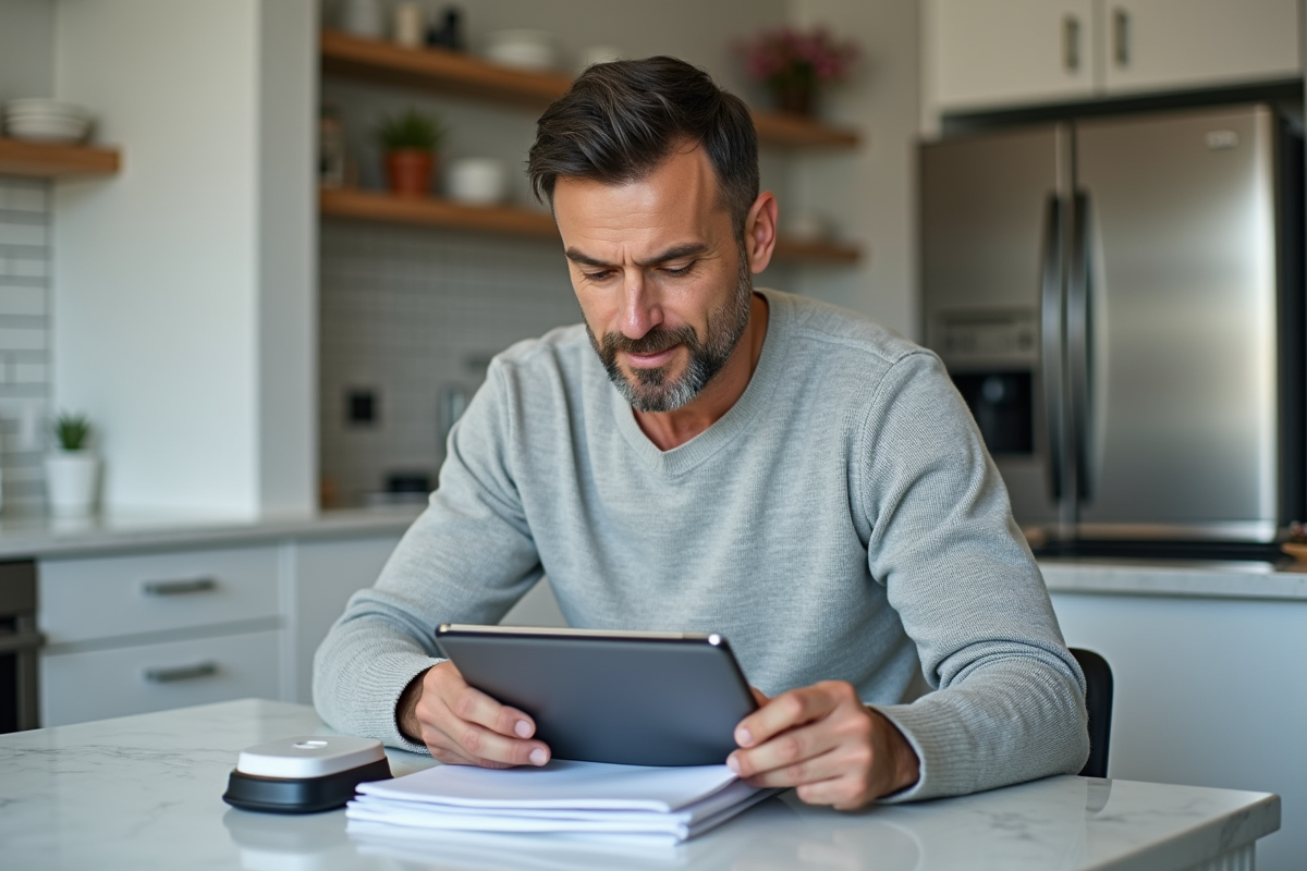 Homme scannant des papiers dans une cuisine lumineuse