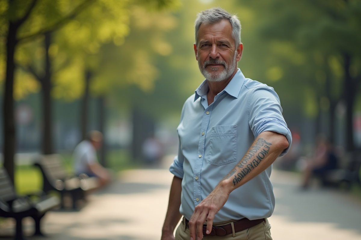 Homme avec tatouage de noms dans un parc urbain