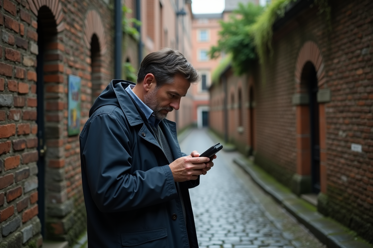 Homme avec GPS dans une ruelle pavée entre vieux bâtiments en briques