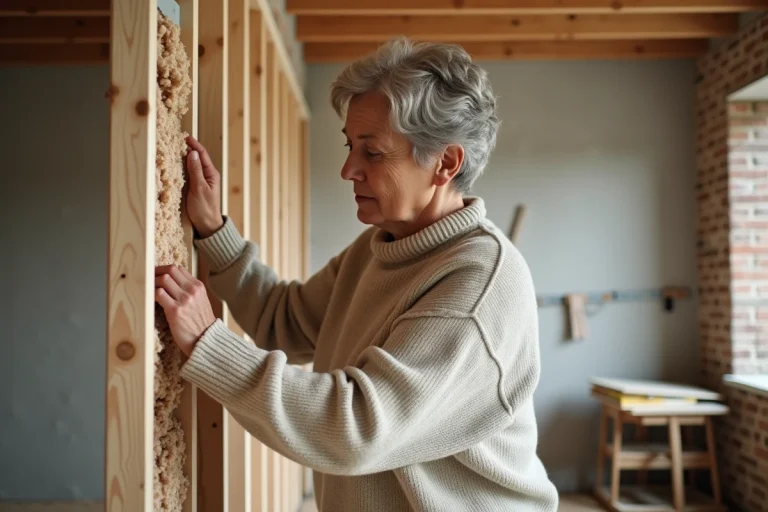 Femme installant de la laine mineral dans un mur intérieur