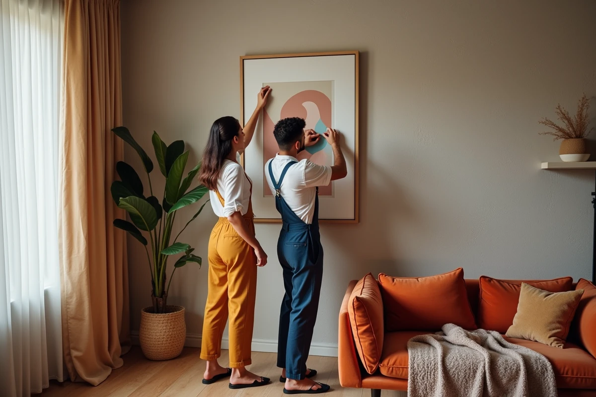 Jeune couple accrochant une œuvre d