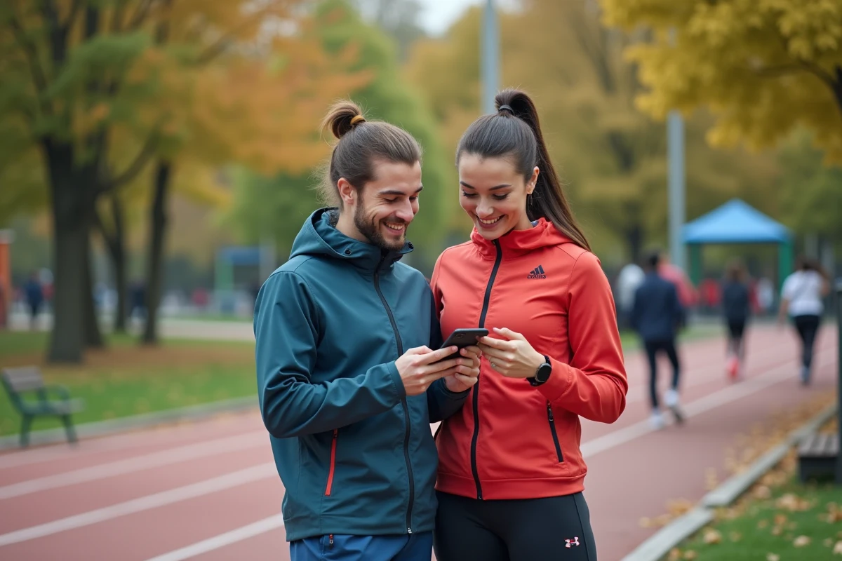 Jeune homme et femme souriants dans un parc urbain avec smartphone